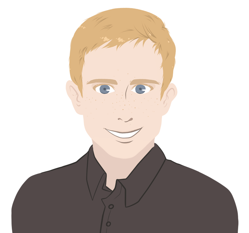 A caracature portrait of a light skinned man with blond hair, blue-gray eyes, and some light freckles around the nose.